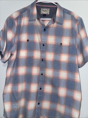 Flag and Anthem Short sleeve Plaid Button-Down Shirt - Blue & Cream with Coral